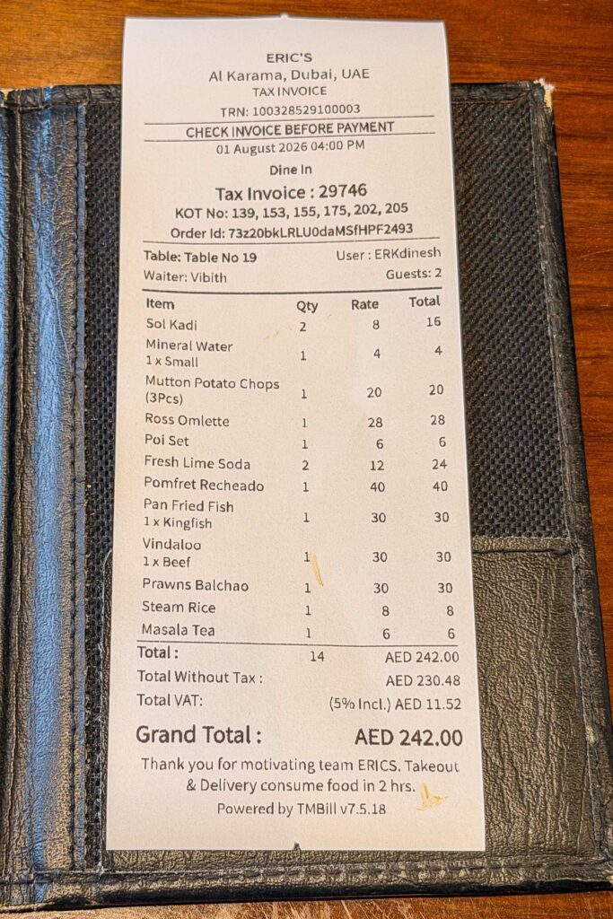 Eric’s Restaurant bill showing a AED242 lunch for two in Karama, Dubai