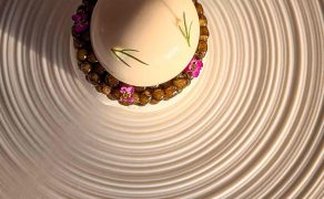 A starter of oysters and pearls with caviar, microherbs and merginue served as a starter at ROW on 45 in Dubai, a two-Michelin-starred restaurant.